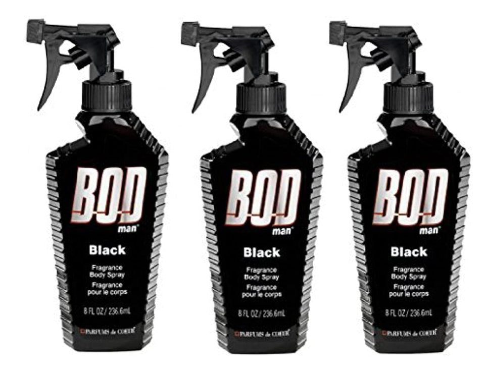 Bod Man Black body spray bottle front view for long-lasting freshness.