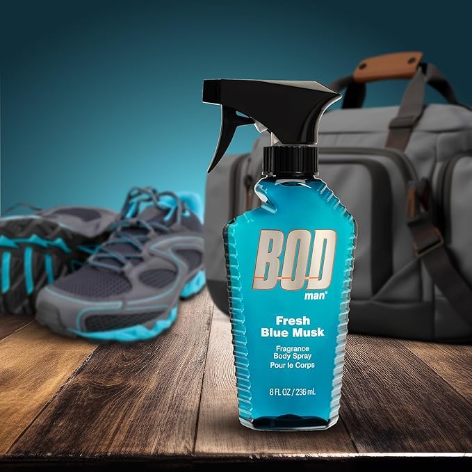 Bod Man Fresh Blue Musk spray application shows quick refresh