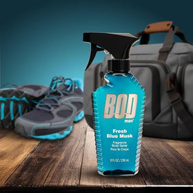 Bod Man Fresh Blue Musk spray application shows quick refresh