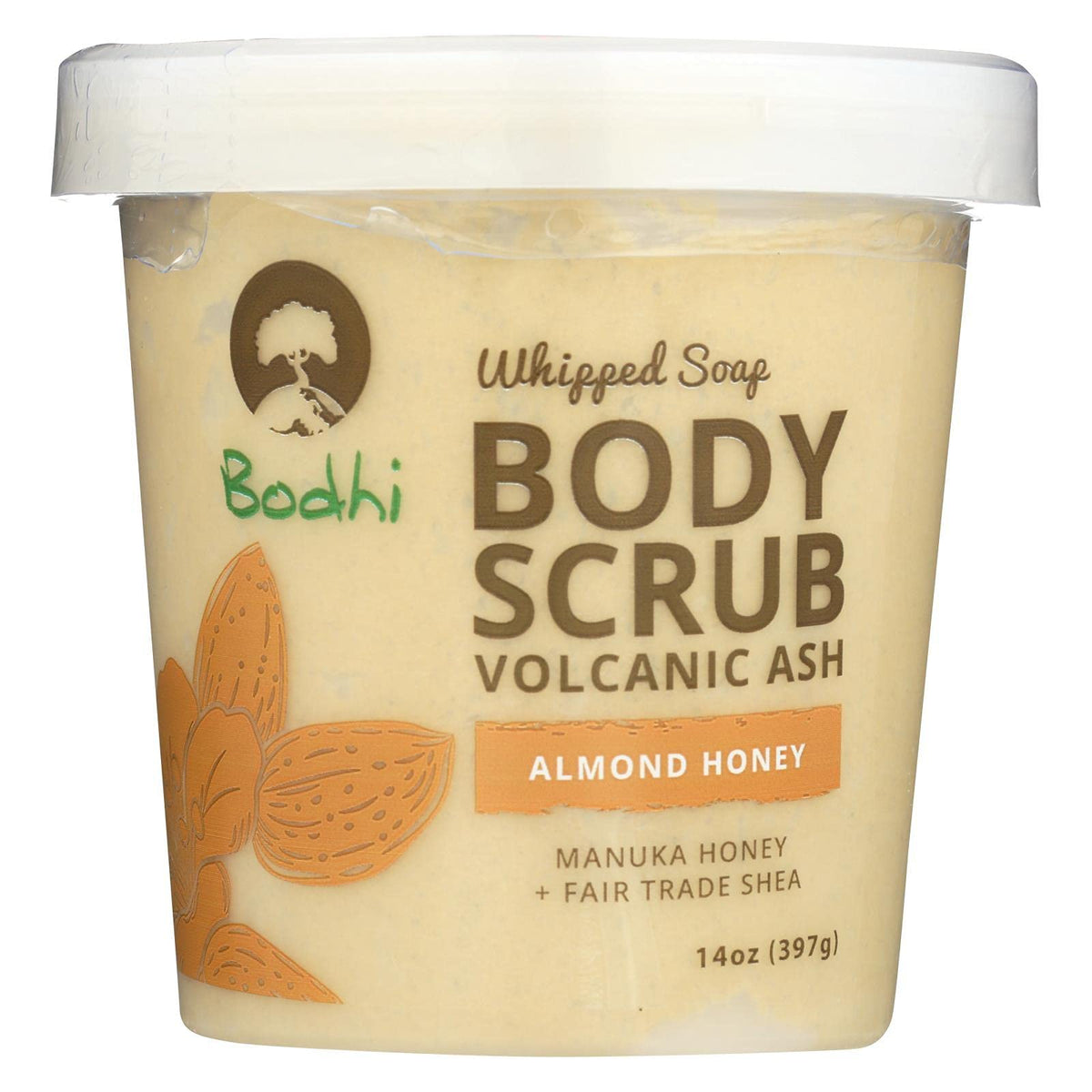 BODHI almond honey volcanic ash whipped soap scrub exfoliates and nourishes skin.