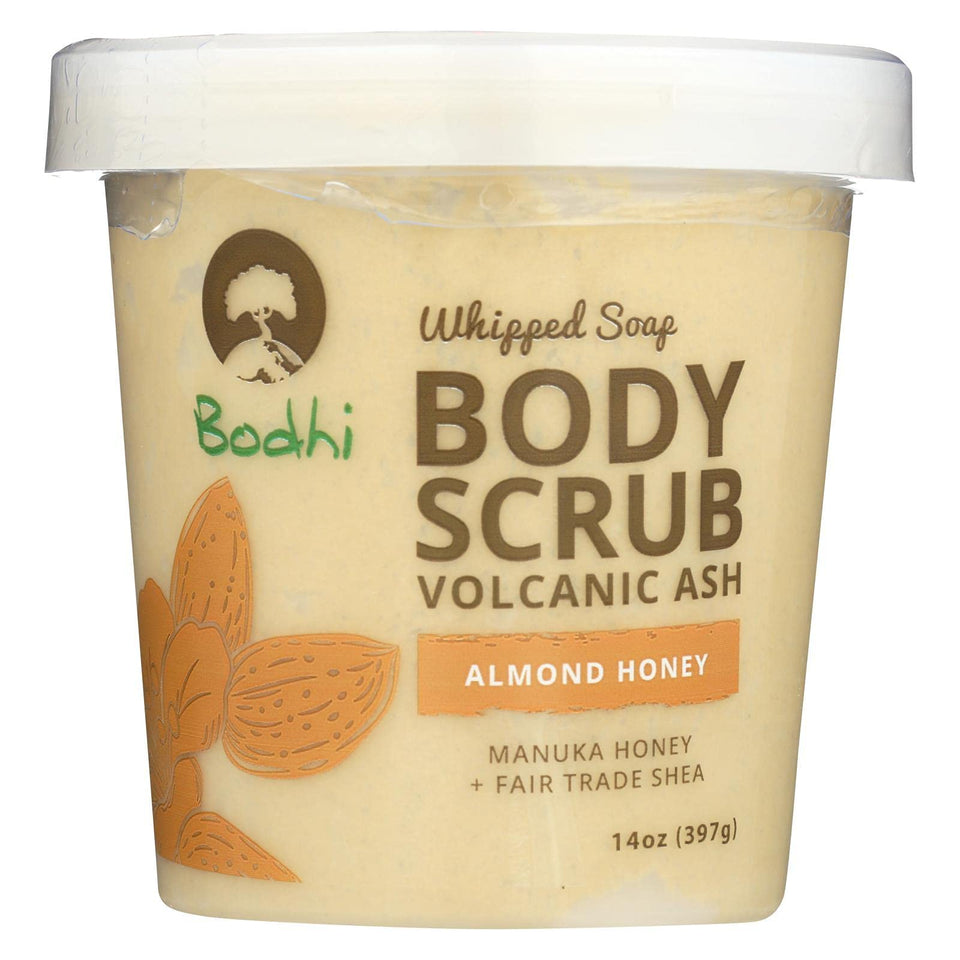 BODHI almond honey volcanic ash whipped soap scrub exfoliates and nourishes skin.