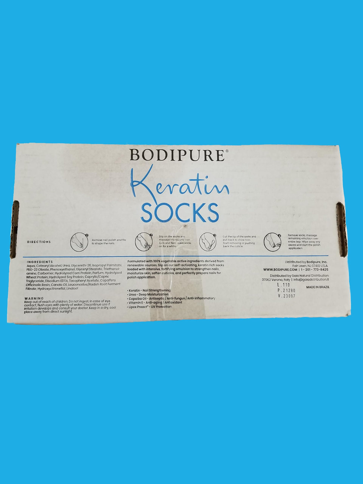 Bodipure All-In-1 Foot Mask ingredients list highlights paraben- and sulfate-free formula.