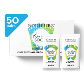 Bodipure All-In-1 Foot Mask packaging highlighting keratin-boost formula for moisturized feet.