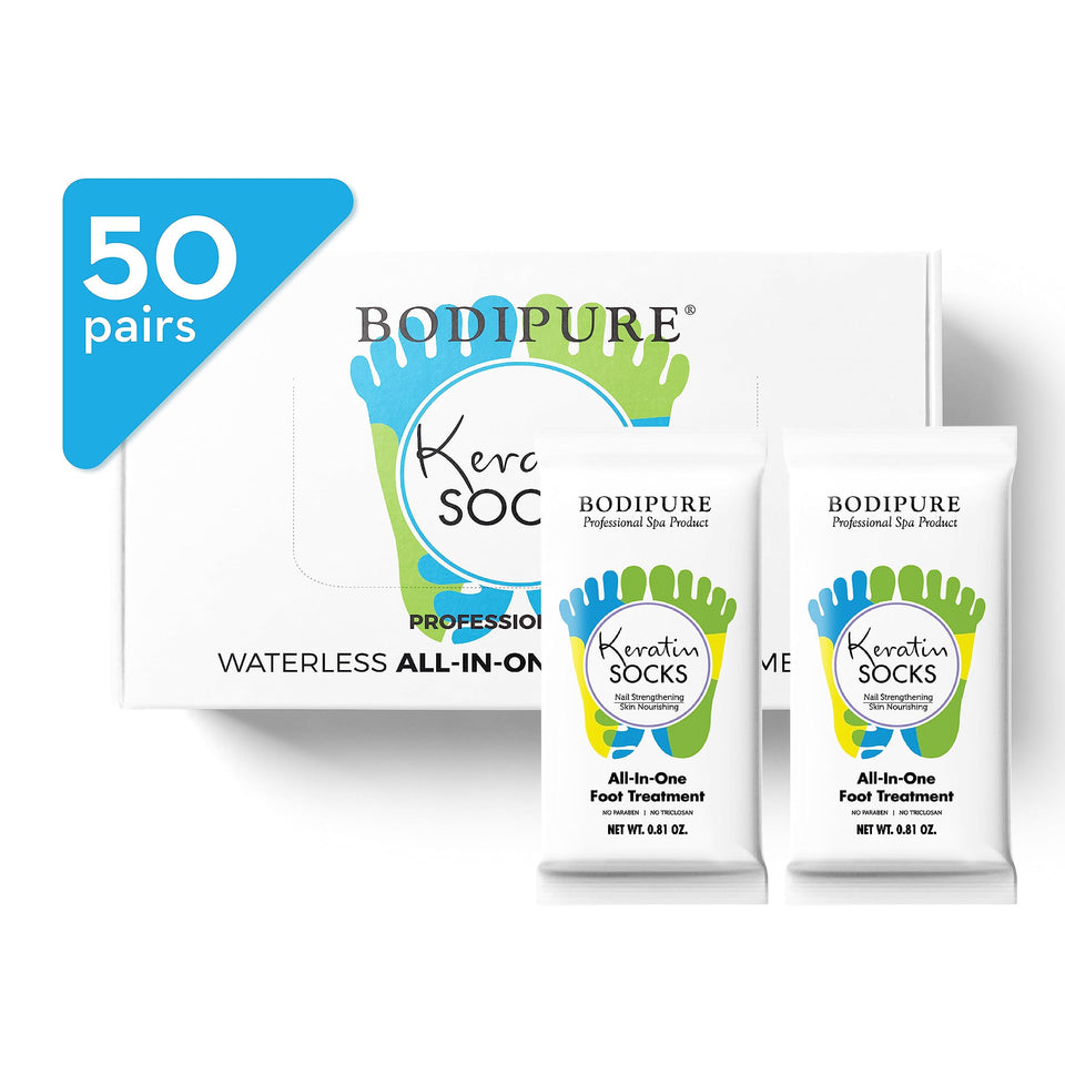 Bodipure All-In-1 Foot Mask packaging highlighting keratin-boost formula for moisturized feet.