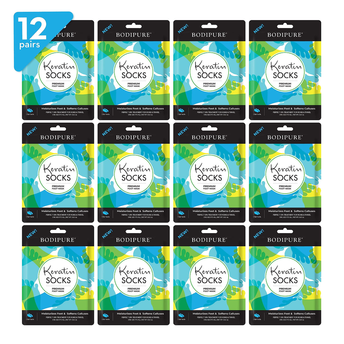 Bodipure keratin foot mask socks pack shot promoting soft, revitalized feet.