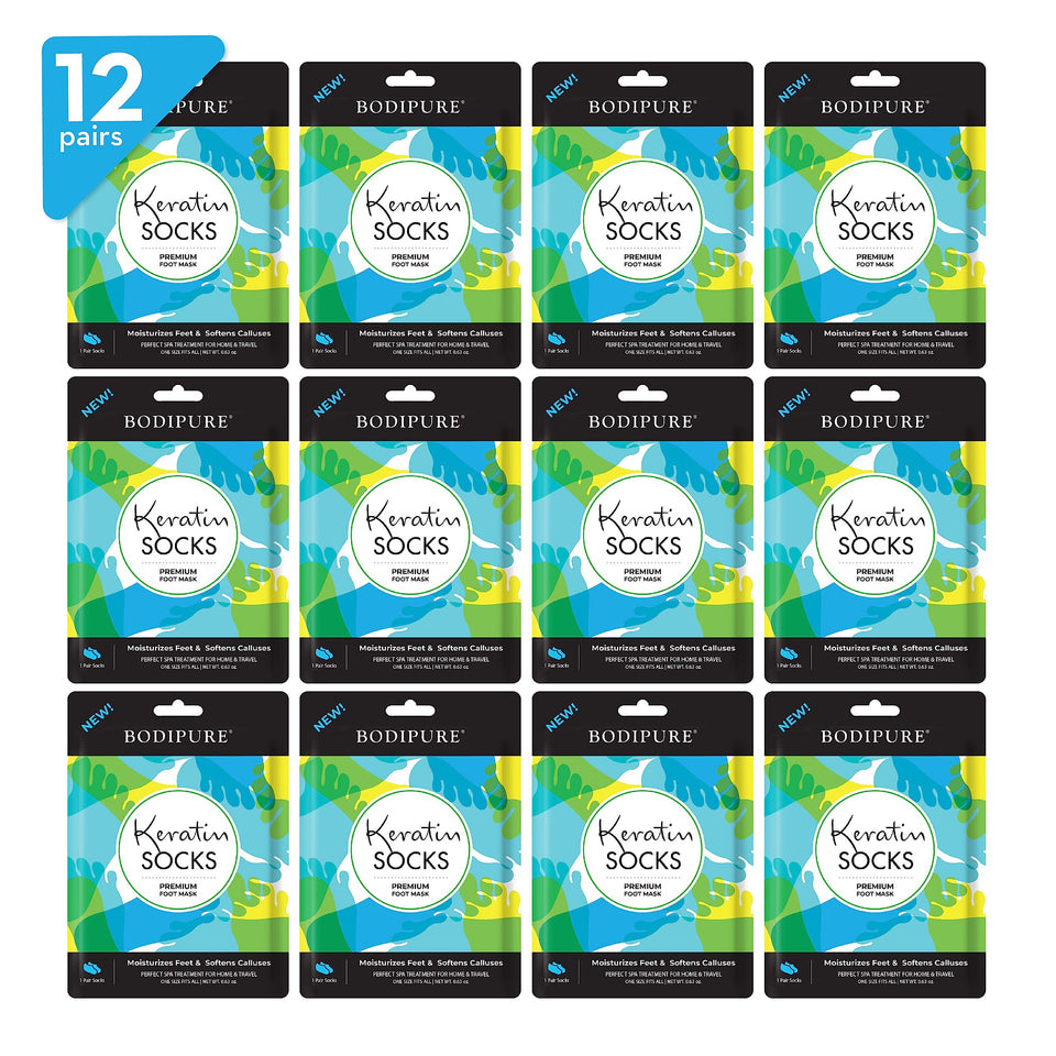 Bodipure keratin foot mask socks pack shot promoting soft, revitalized feet.