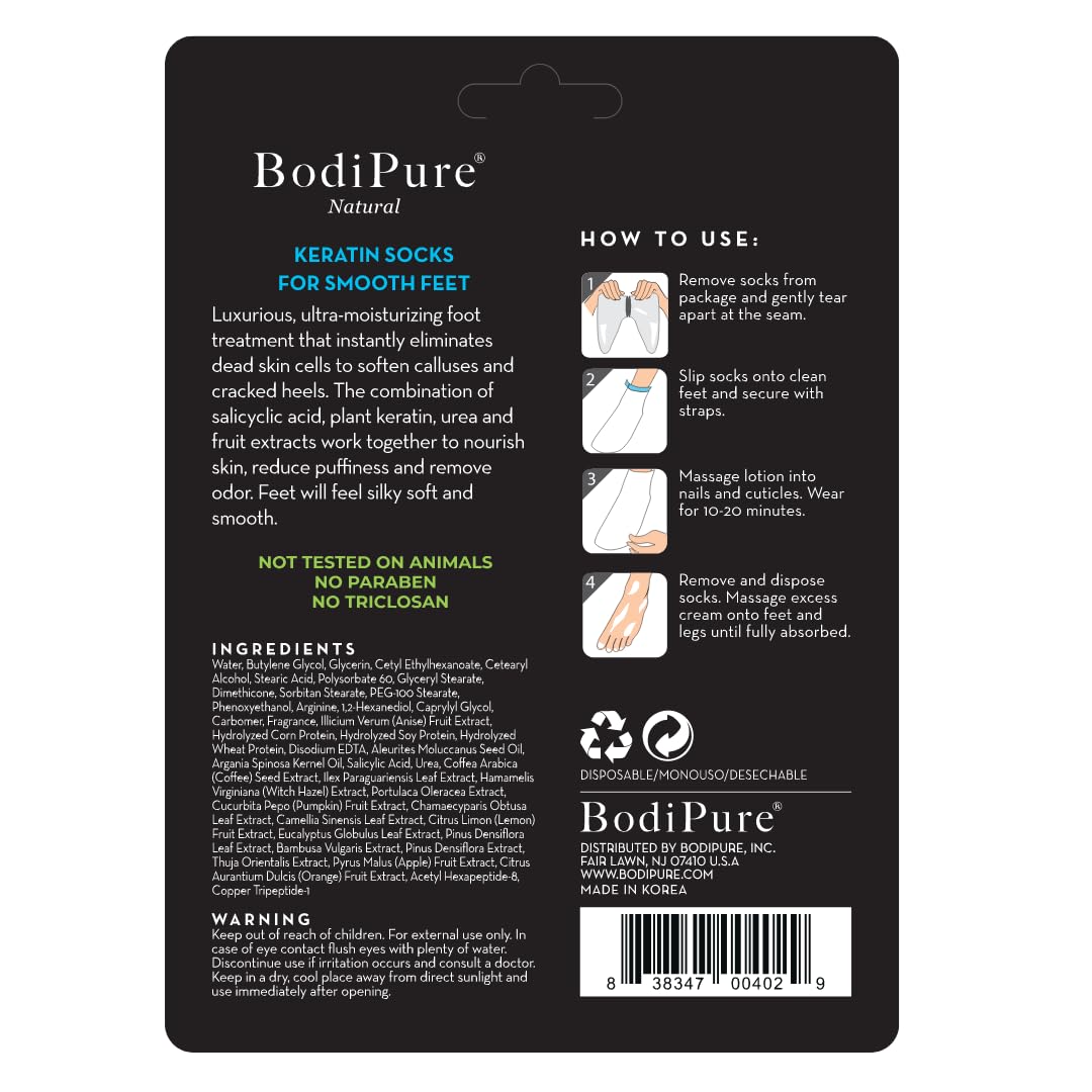 Bodipure keratin socks closeup suggesting smoother skin potential.
