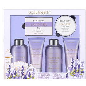 Body & Earth lavender spa gift box with purple ribbon, ready for gifting.