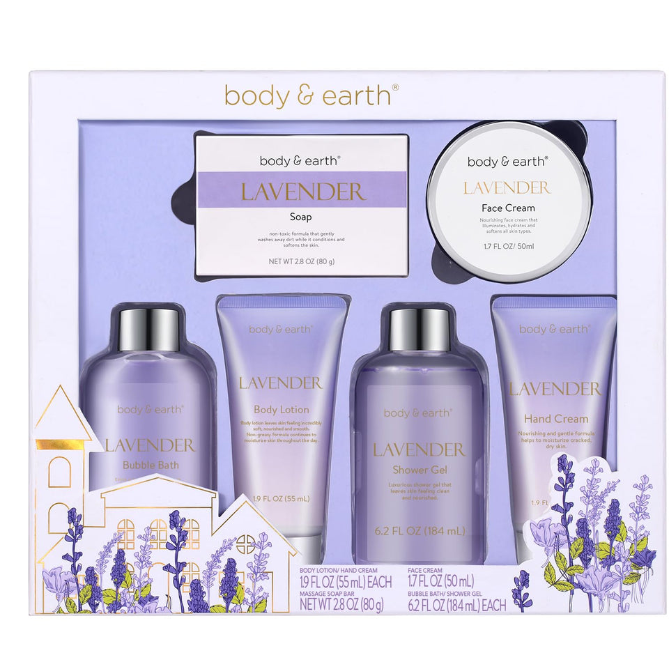 Body & Earth lavender spa gift box with purple ribbon, ready for gifting.