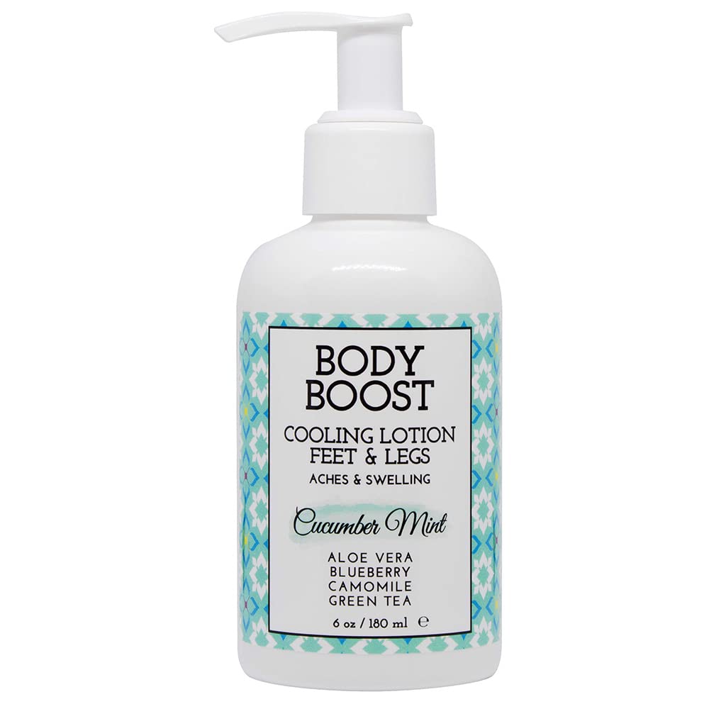 Body Boost Cooling Lotion bottle front view with cucumber mint for cooling relief.