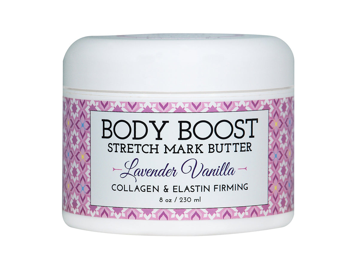 Body Boost lavender vanilla stretch-mark butter on skin, soothing hydration and improving appearance.