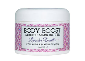 Body Boost lavender vanilla stretch-mark butter on skin, soothing hydration and improving appearance.