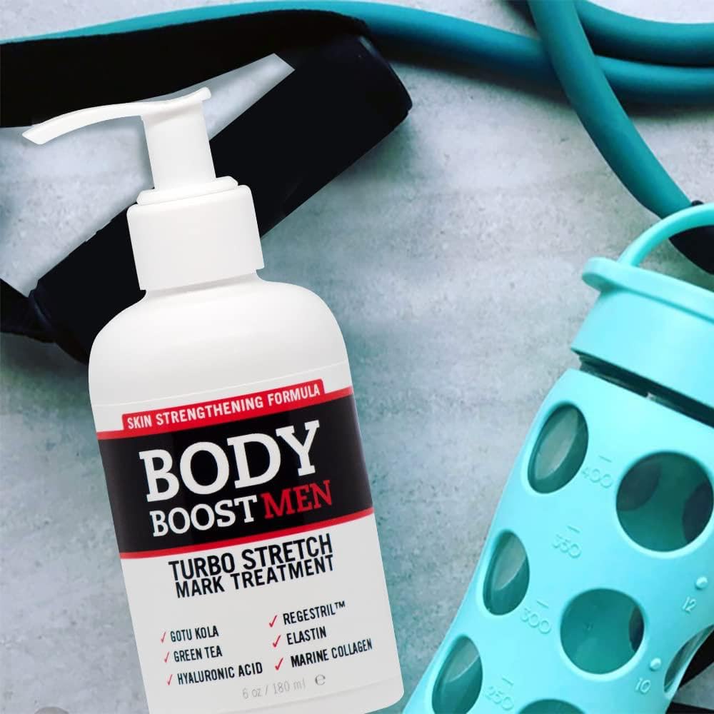 Body Boost Men Turbo Stretch Mark Treatment being applied to skin, supports ongoing training routines
