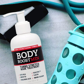Body Boost Men Turbo Stretch Mark Treatment being applied to skin, supports ongoing training routines