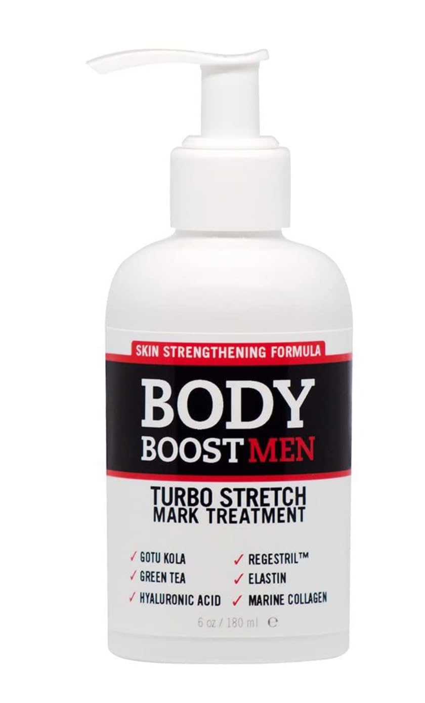 Body Boost Men Turbo Stretch Mark Treatment bottle closeup, ideal for quick at home use after workouts