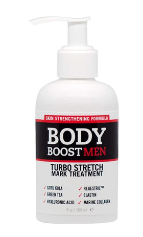 Body Boost Men Turbo Stretch Mark Treatment bottle closeup, ideal for quick at home use after workouts