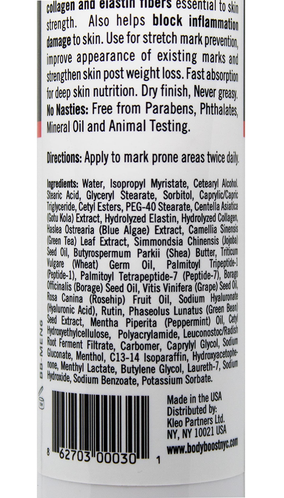 Body Boost Men Turbo Stretch Mark Treatment texture closeup, non greasy formula for workout ready skin