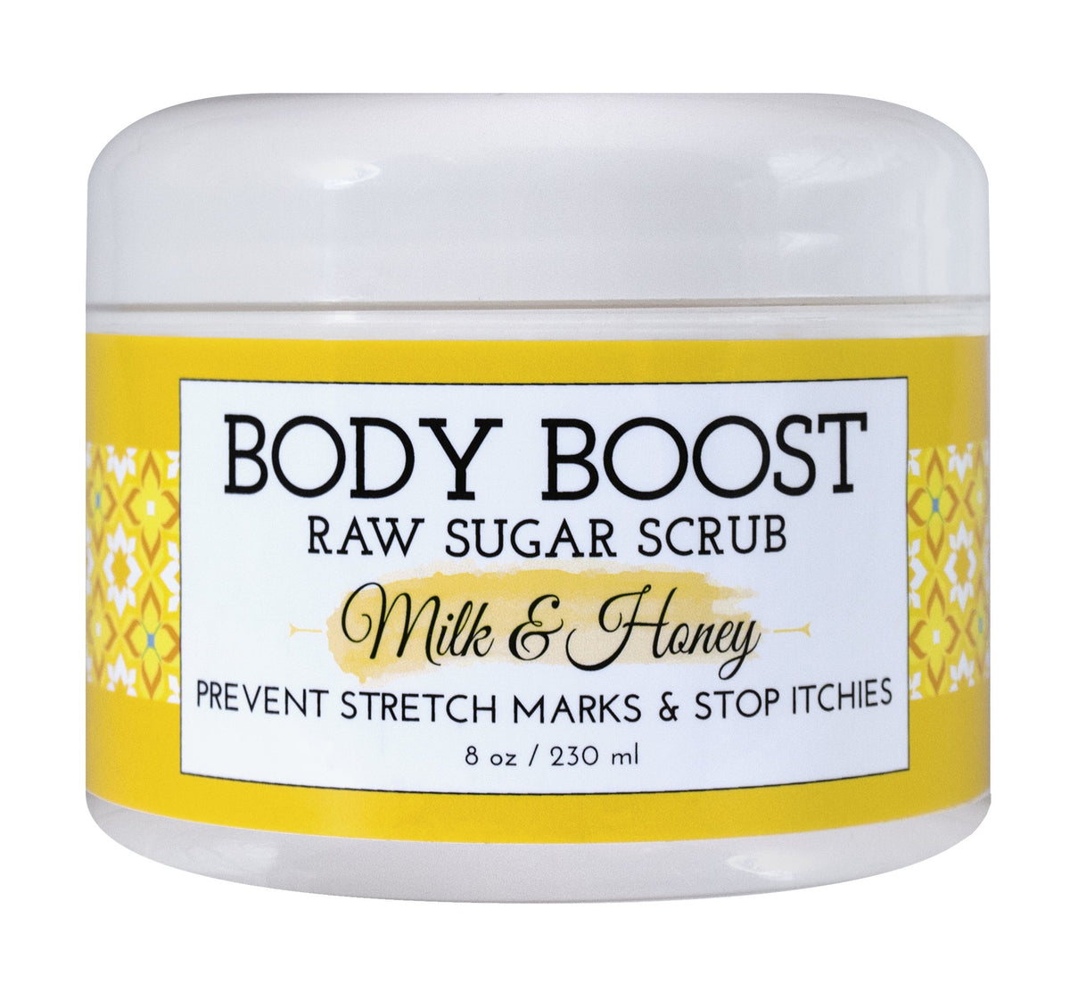 Body Boost Milk & Honey Sugar Scrub jar close-up showing creamy texture for nourished skin