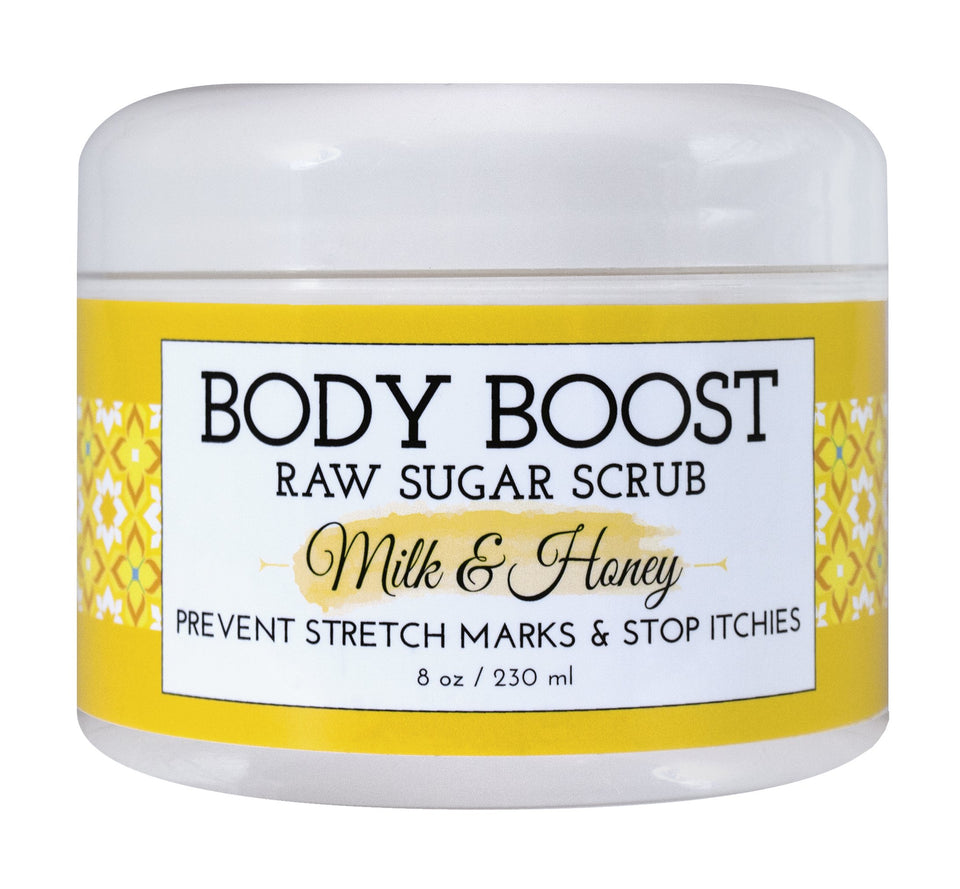 Body Boost Milk & Honey Sugar Scrub jar close-up showing creamy texture for nourished skin