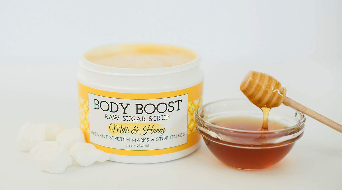 Body Boost Milk & Honey Sugar Scrub packaging highlighting USA-made formula
