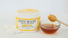 Body Boost Milk & Honey Sugar Scrub packaging highlighting USA-made formula