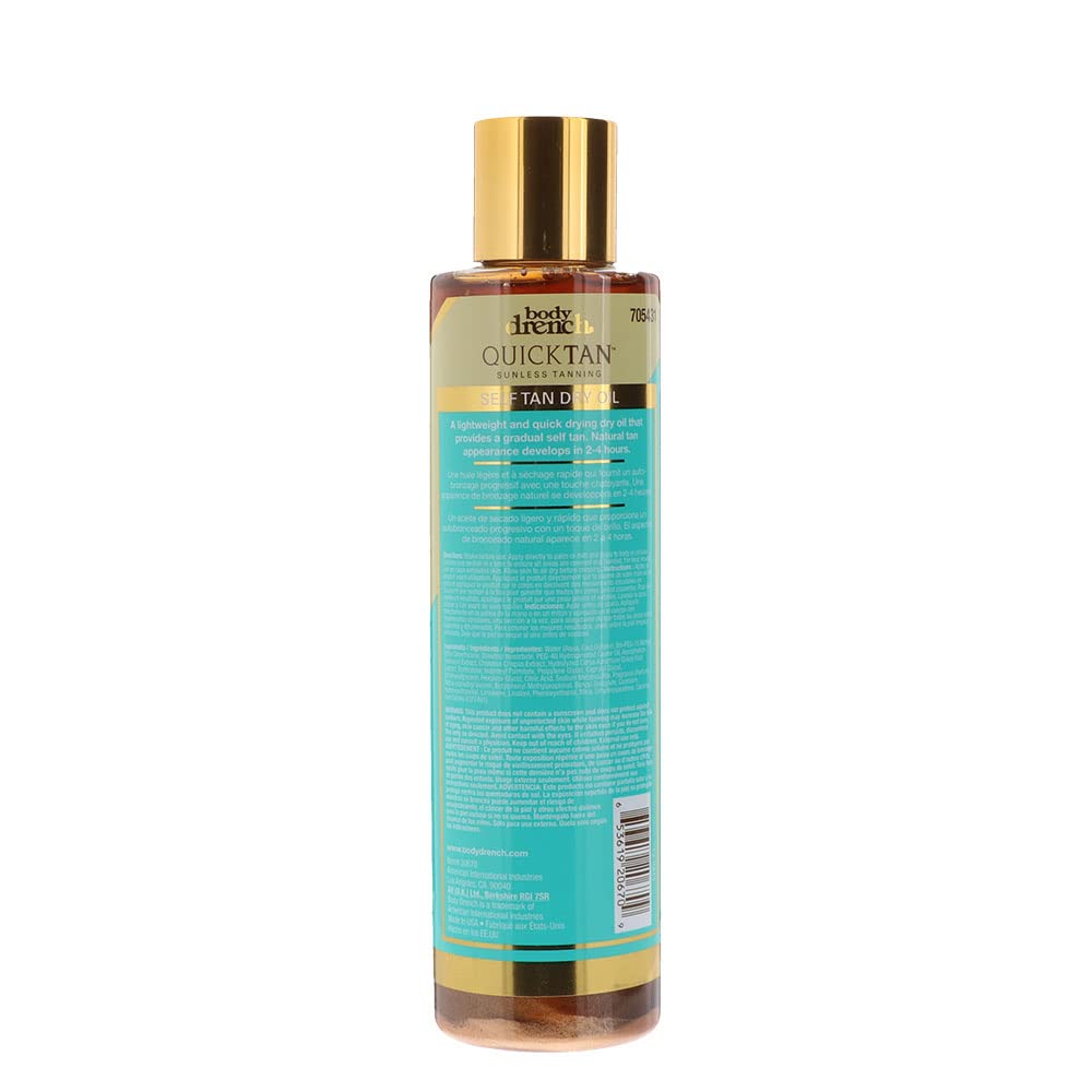 Body Drench Quick Tan dry oil being applied for even, smooth skin tone.