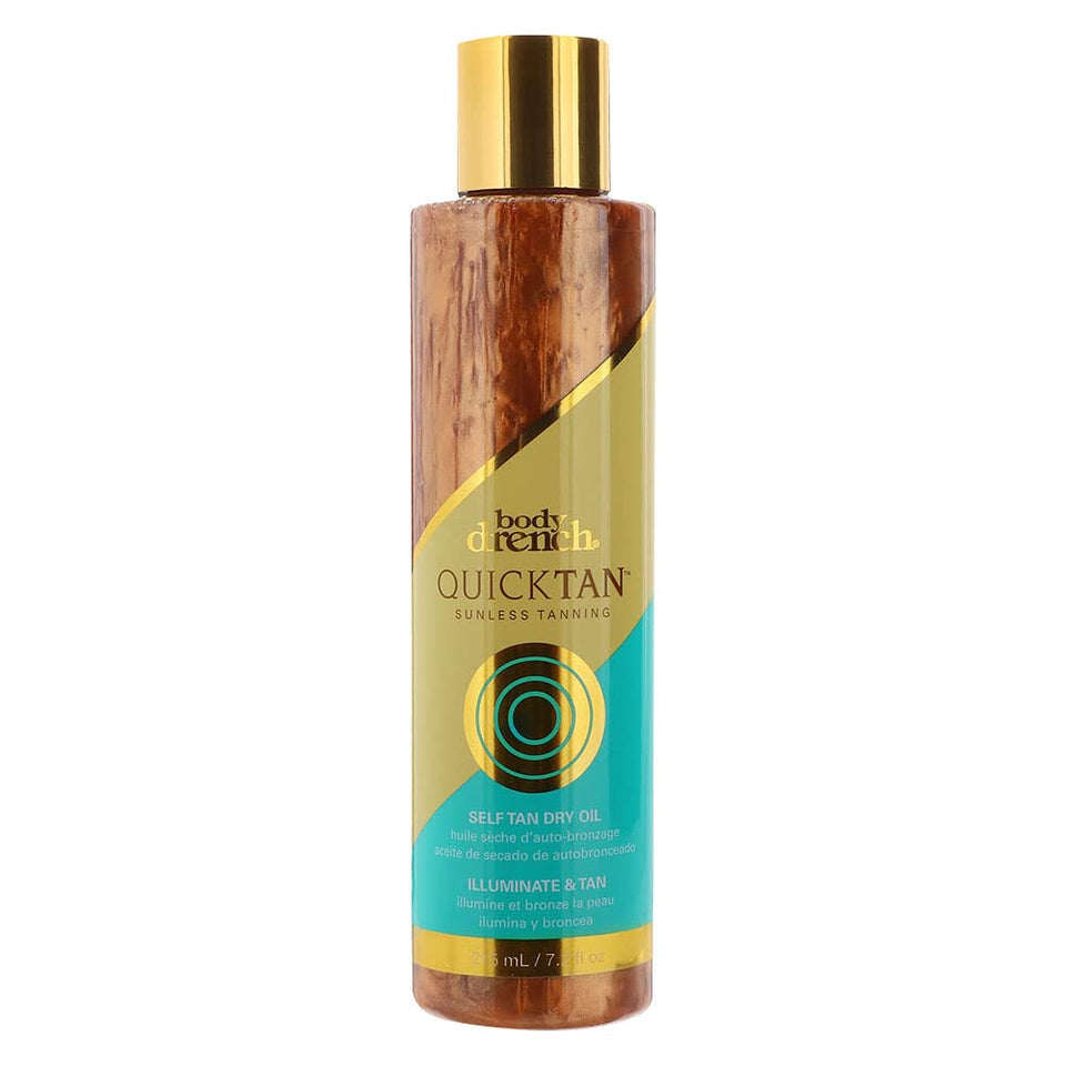 Body Drench Quick Tan dry oil bottle showing bronzed color and streak-free glow.