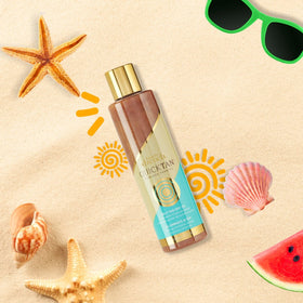 Body Drench Quick Tan dry oil bottle close-up highlighting radiant, moisturized skin.