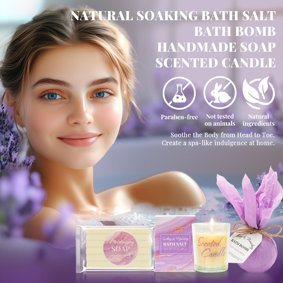 BODY & EARTH lavender bath salts for a soothing, aromatic soak.