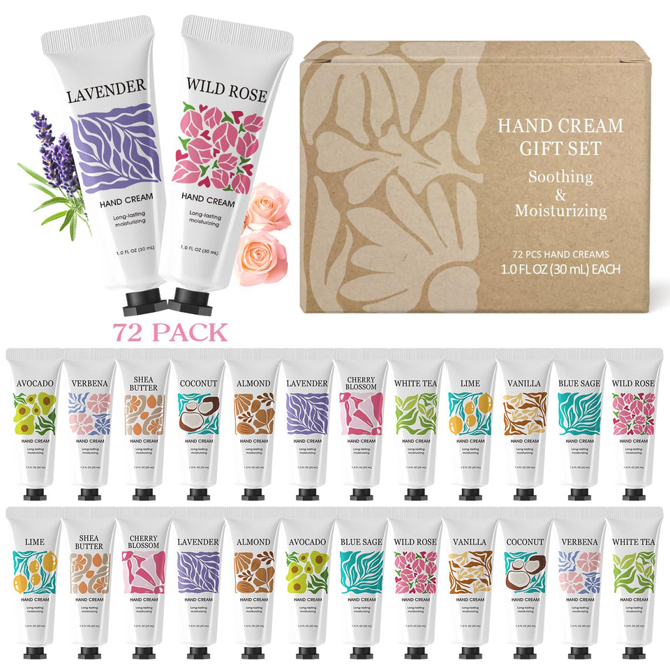 Body and Earth Love 72-pack hand cream bulk with assorted scents for daily relief and hydration.