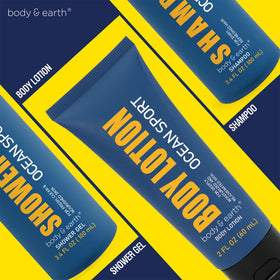 Body & Earth 3pc mens gift flatlay with logo and products