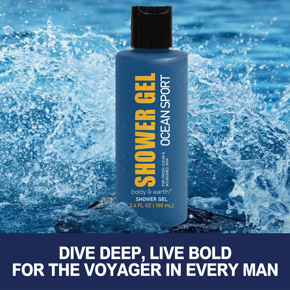 Body & Earth 3pc shower gel bottle close-up conveys refreshing cleanse