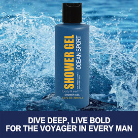 Body & Earth 3pc shower gel bottle close-up conveys refreshing cleanse