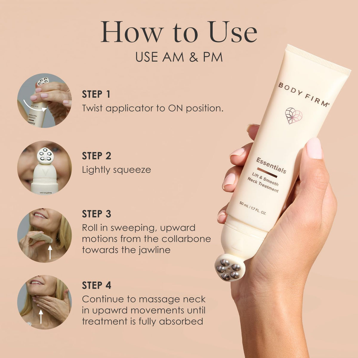 Body Firm Crepe Erase neck serum twist-on applicator delivering even coverage.