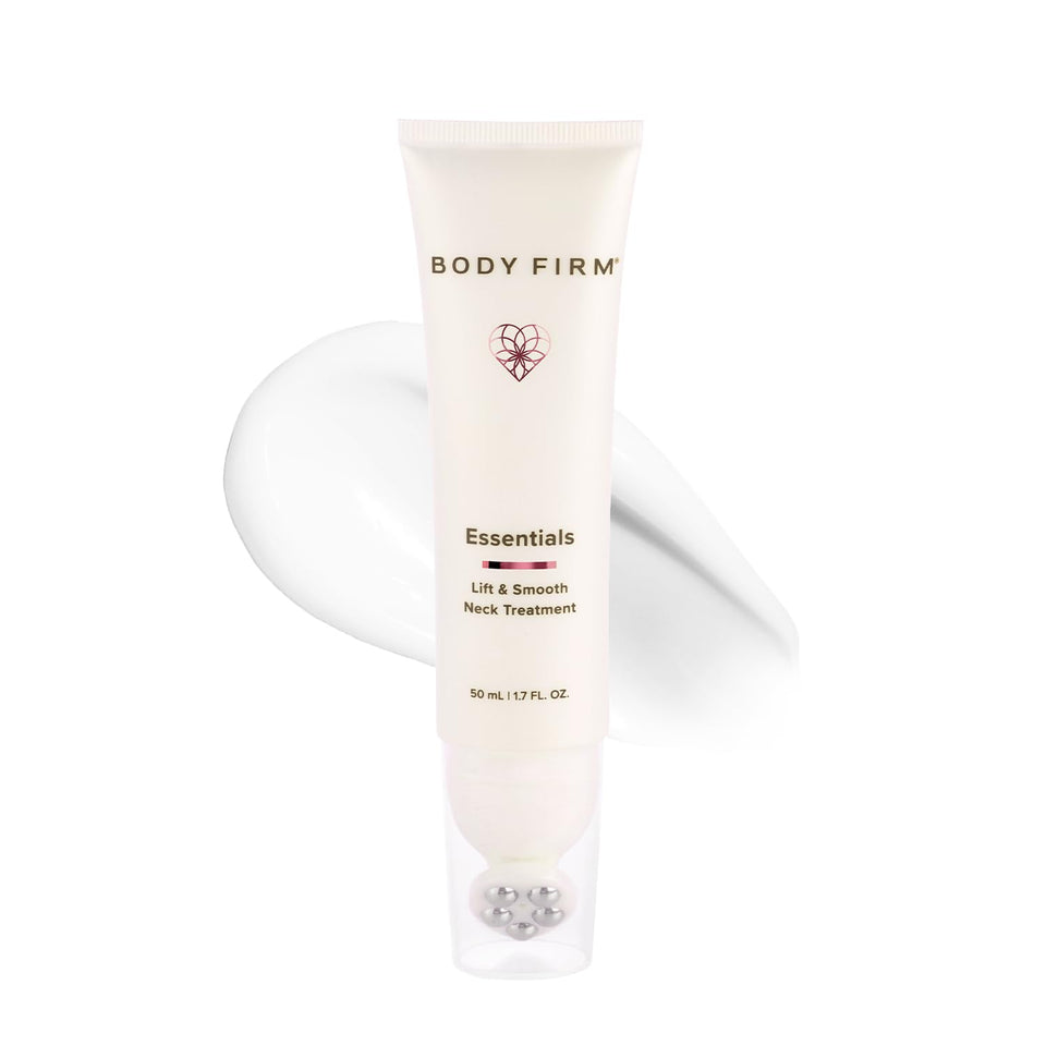 Body Firm Crepe Erase neck serum bottle with cooling roller for targeted neck care.