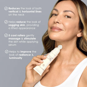 Body Firm Crepe Erase neck serum roller delivering cooling massage for absorption.
