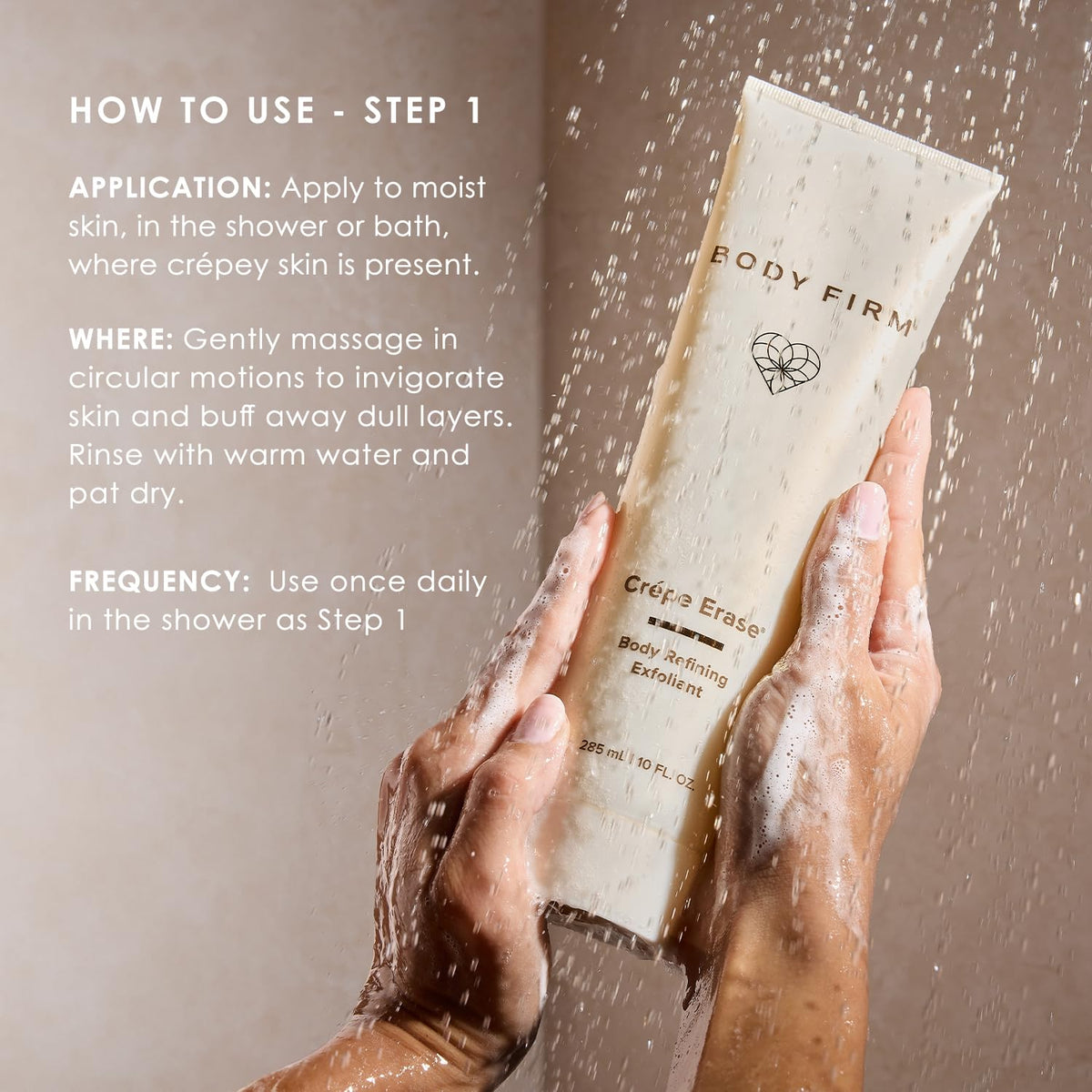 Body Firm repair cream improves look of crepey texture over time.
