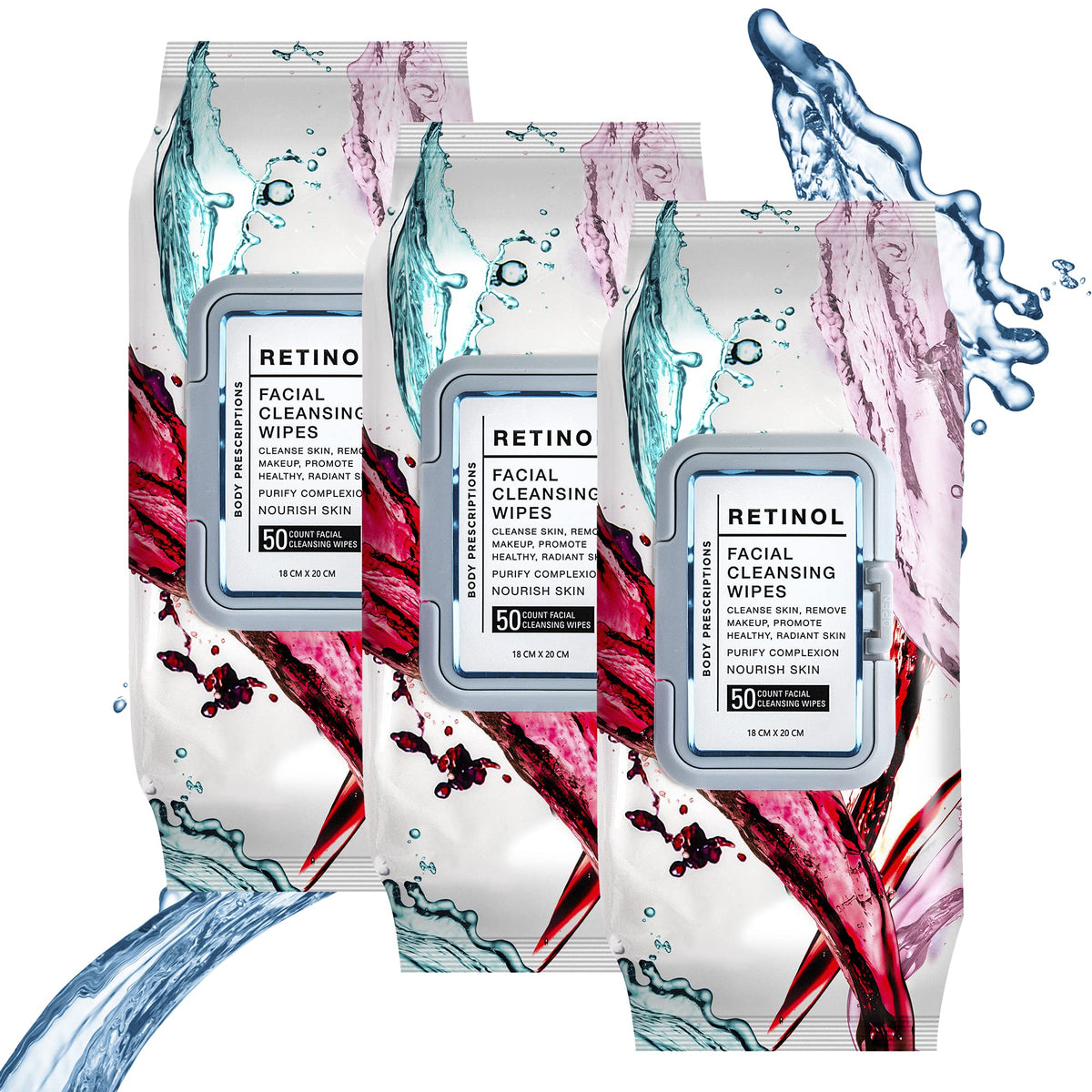 Body Prescriptions cleansing wipes front-pack showing easy makeup removal on the go.