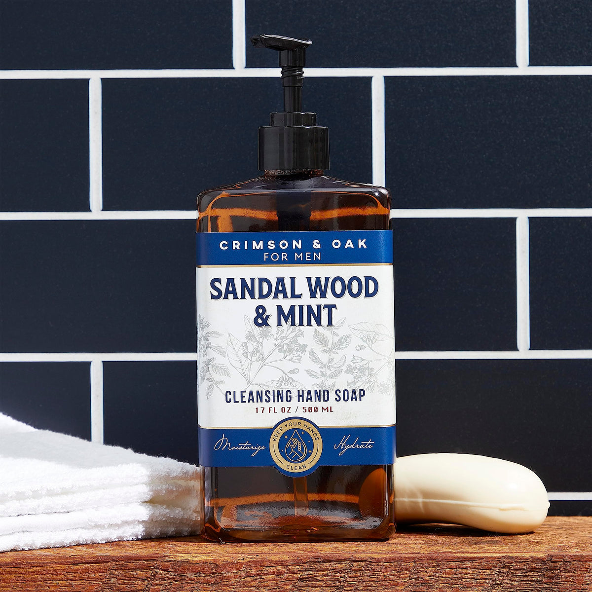 Body Prescriptions Crimson & Oak hand soap clear bottle on display for home use.
