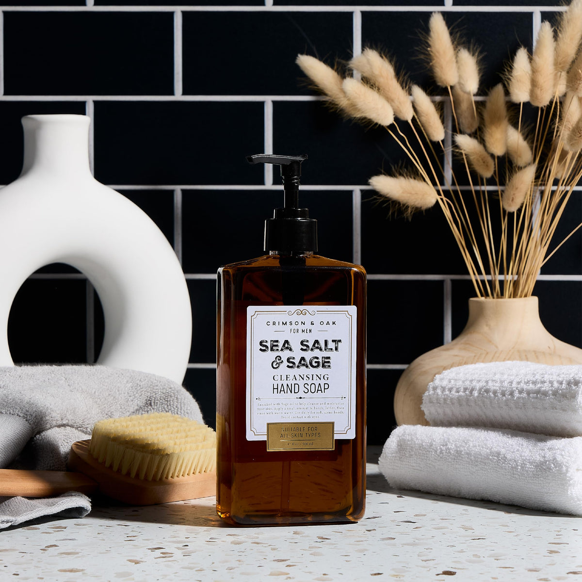 Body Prescriptions Crimson & Oak hand soap clear bottle shows a sleek, easy-to-use pump.