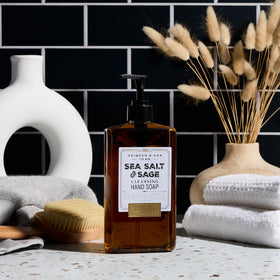 Body Prescriptions Crimson & Oak hand soap clear bottle shows a sleek, easy-to-use pump.