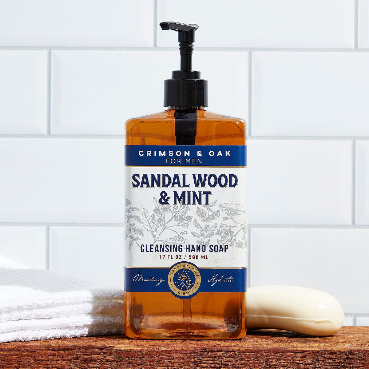 Body Prescriptions Crimson & Oak hand soap sandalwood-mint aroma enhances ambiance.