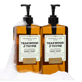 Body Prescriptions Crimson & Oak hand soap two-pack pump bottle with teakwood-thyme scent for daily cleaning.