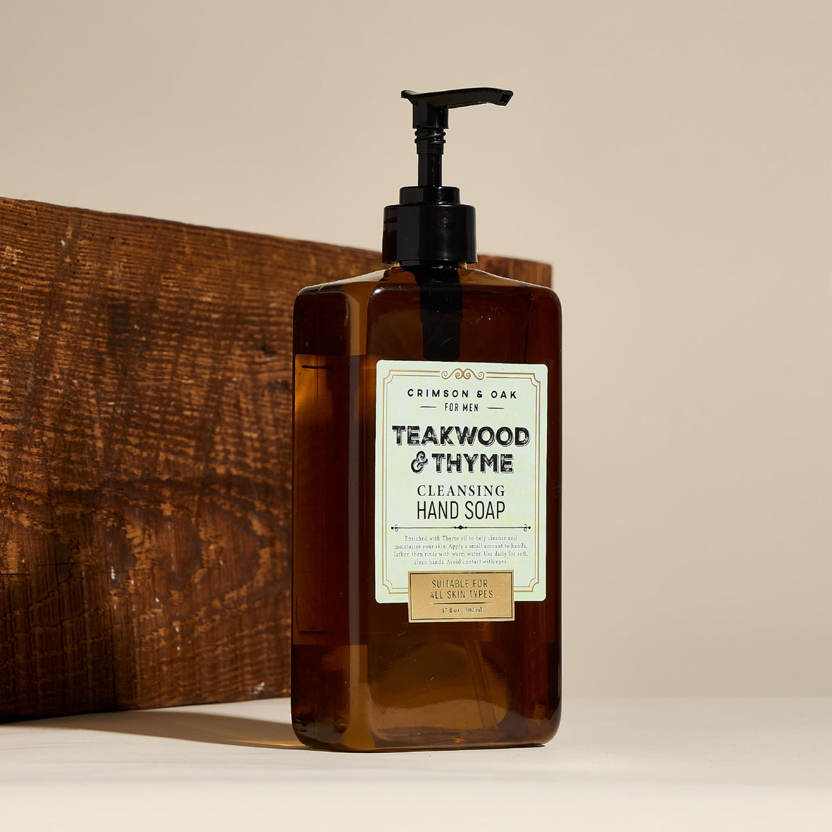 Body Prescriptions Crimson & Oak teakwood-thyme scent detail for a calming cleansing ritual.
