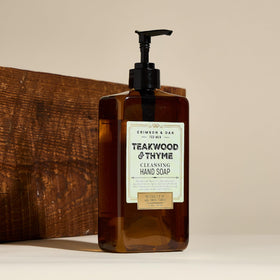 Body Prescriptions Crimson & Oak teakwood-thyme scent detail for a calming cleansing ritual.