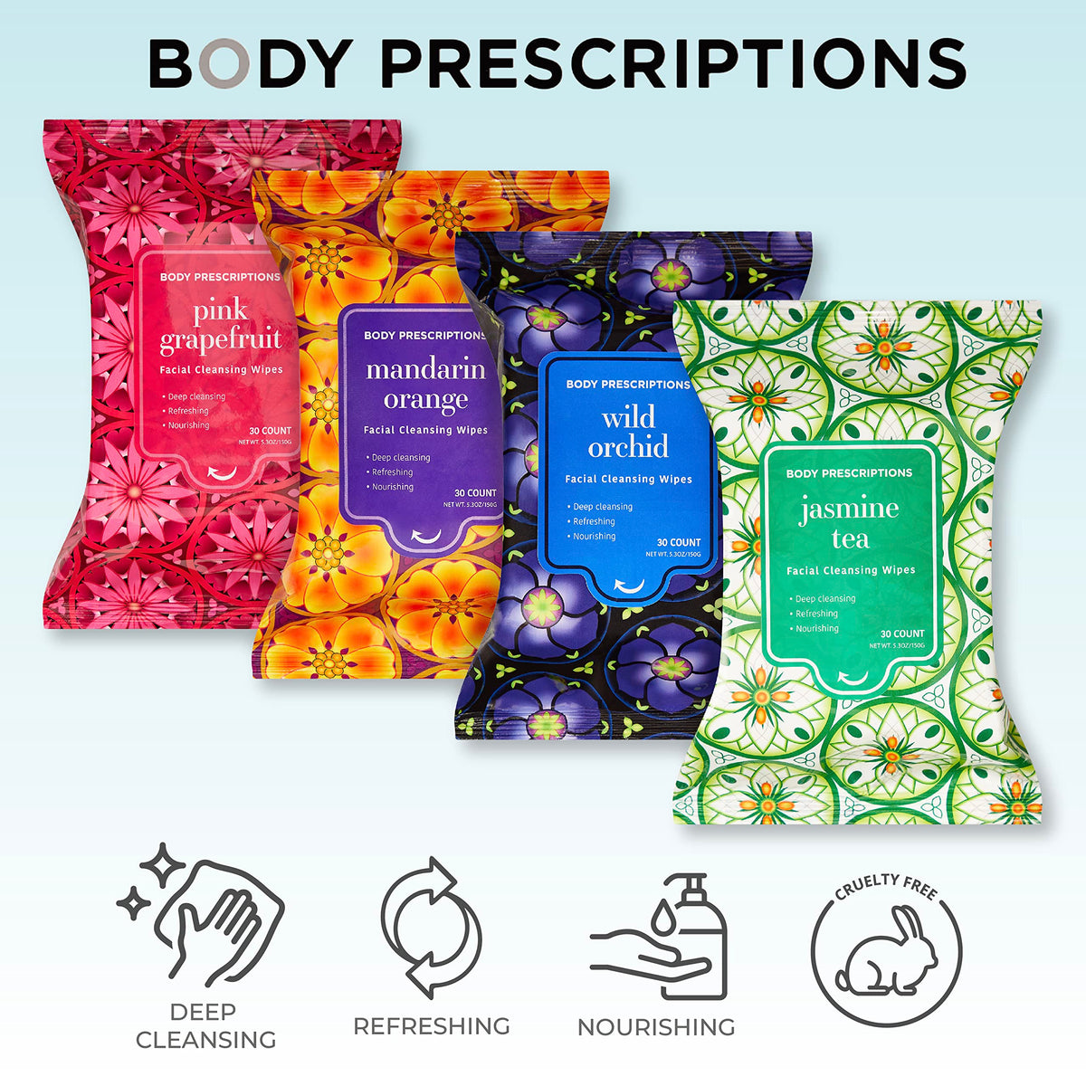 Body Prescriptions jasmine tea-infused wipe, soothing aroma during cleansing.