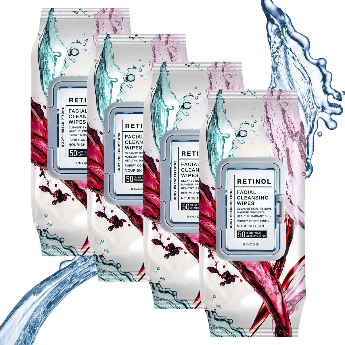 Body Prescriptions makeup cleansing wipes pack image shows a four-pack for on the go makeup removal.