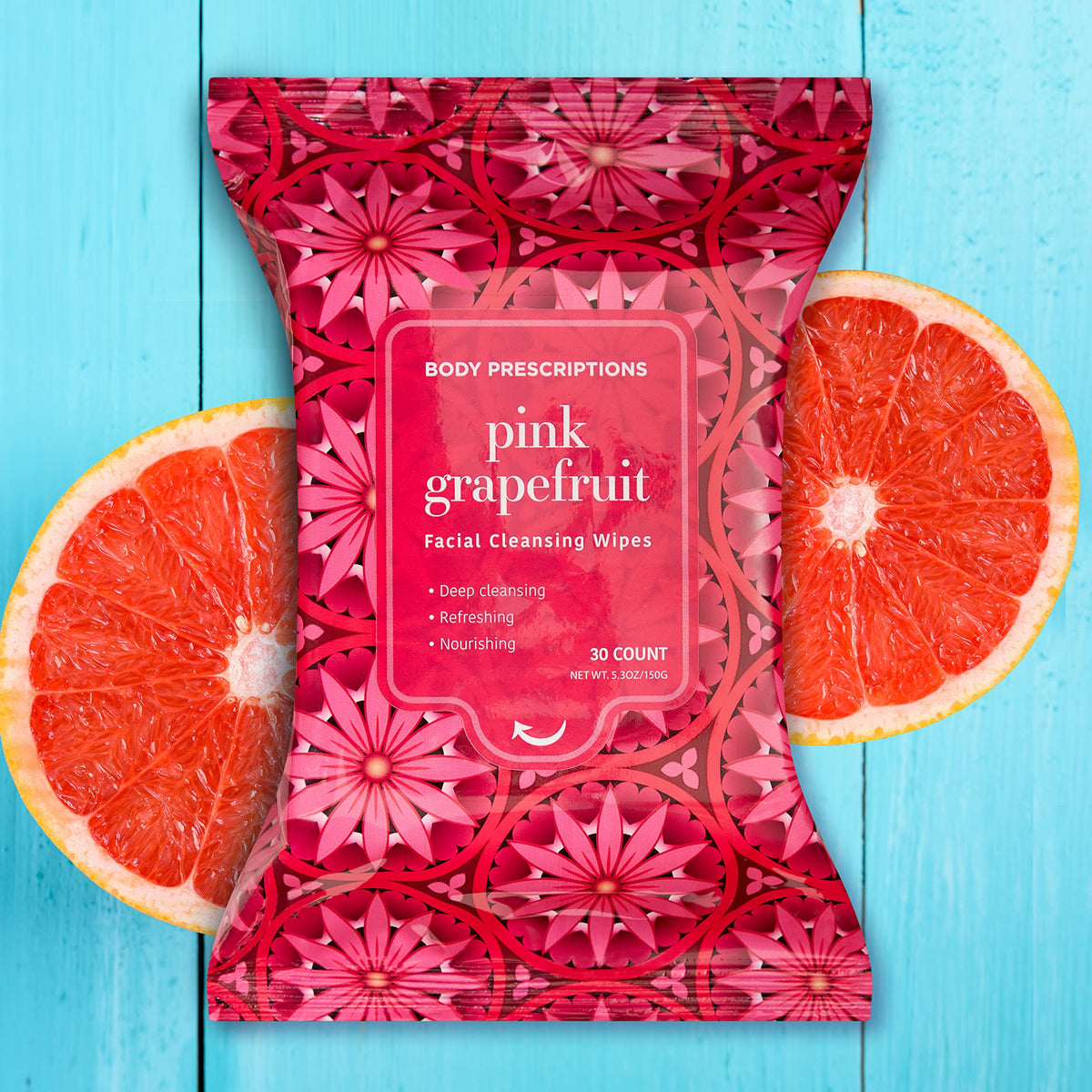 Body Prescriptions makeup remover wipes closeup of resealable pack for on-the-go cleansing.