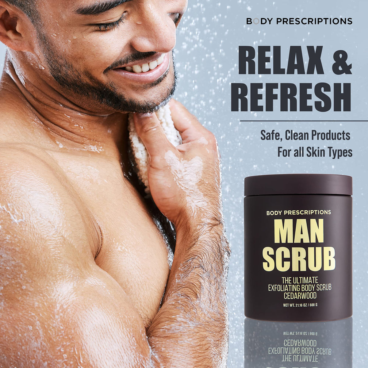 Close-up of Body Prescriptions exfoliating scrub texture showing gentle grit for smoother skin.