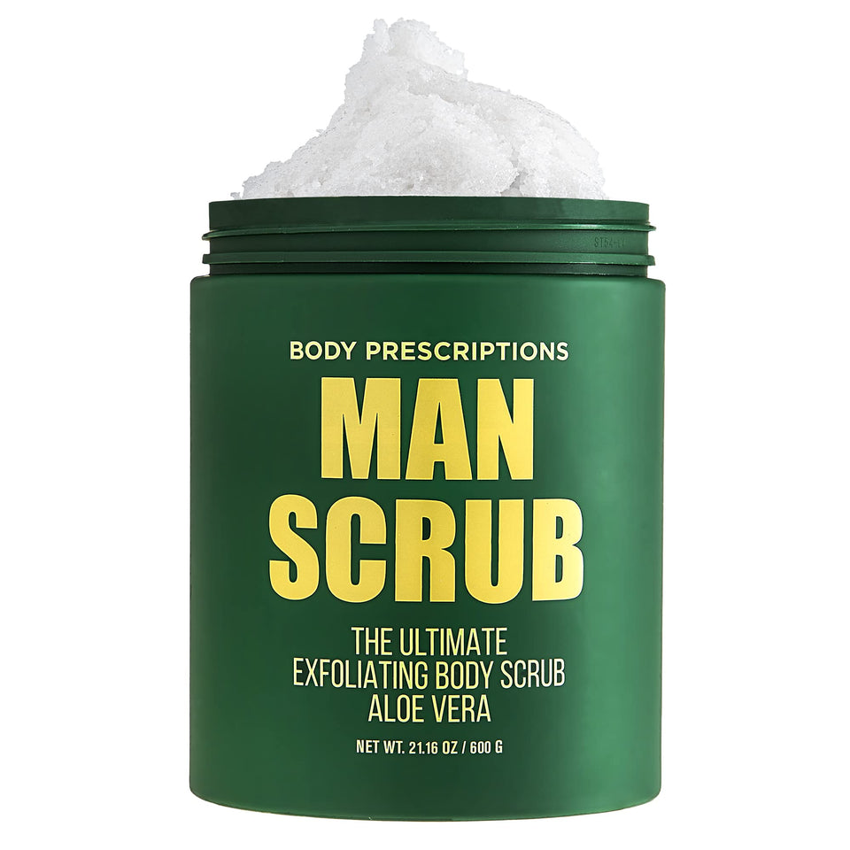 Body Prescriptions Men’s Exfoliating Scrub jar twist-top for a refreshing cleanse.